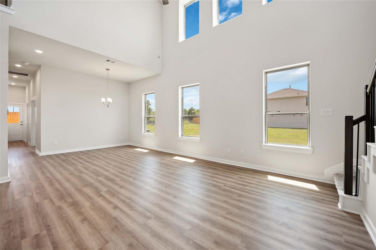 Empty room, Interior, Pendant Lights, Recessed Lighting, Wood Texture Flooring