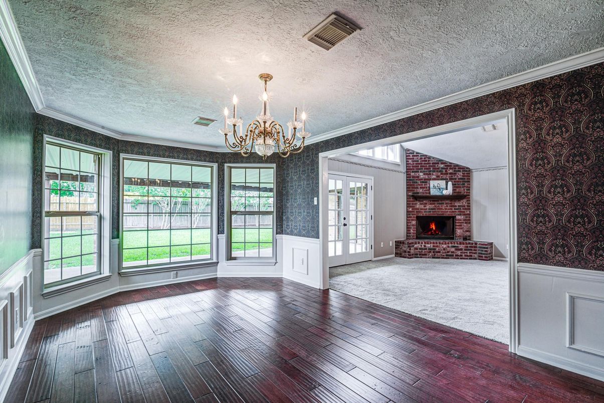 Chandelier, Empty room, Fireplace, Interior, Wood Texture Flooring