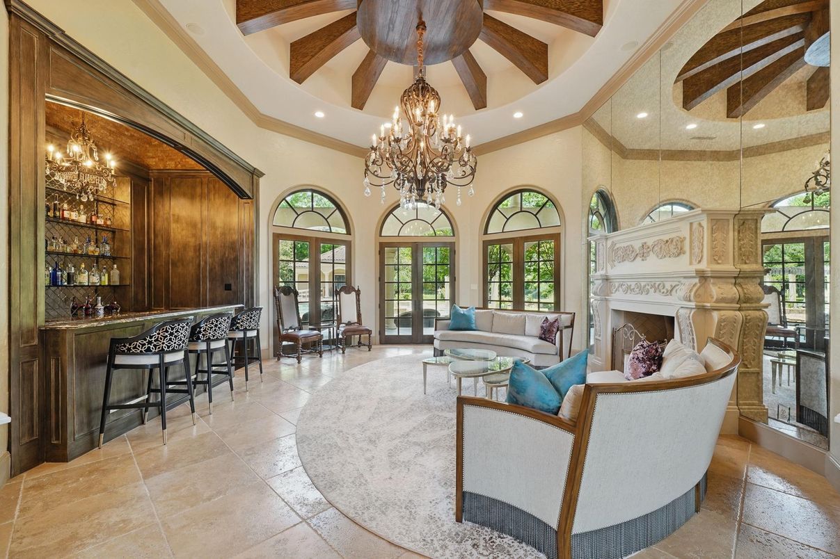 Chandelier, Fireplace, Interior, Living room, Recessed Lighting, Wooden Beams