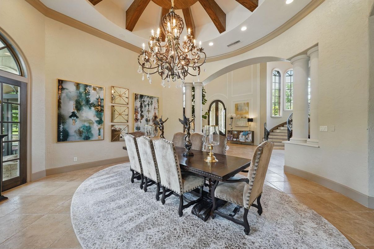 Chandelier, Dining room, Interior, Recessed Lighting, Wooden Beams