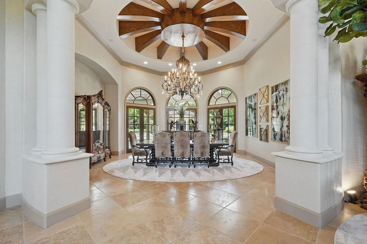 Chandelier, Dining room, Interior, Recessed Lighting, Wooden Beams