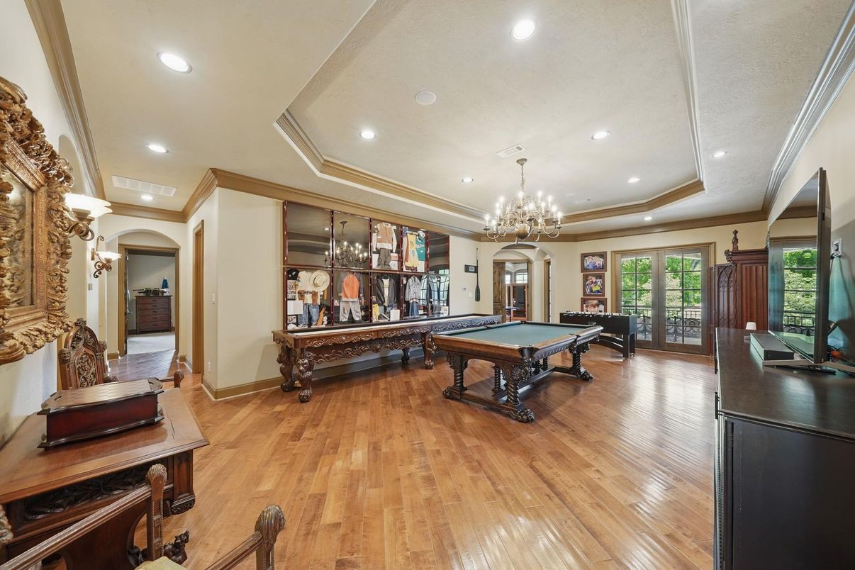 Billiard Table, Chandelier, Game Room, Interior, Recessed Lighting, Wood Texture Flooring