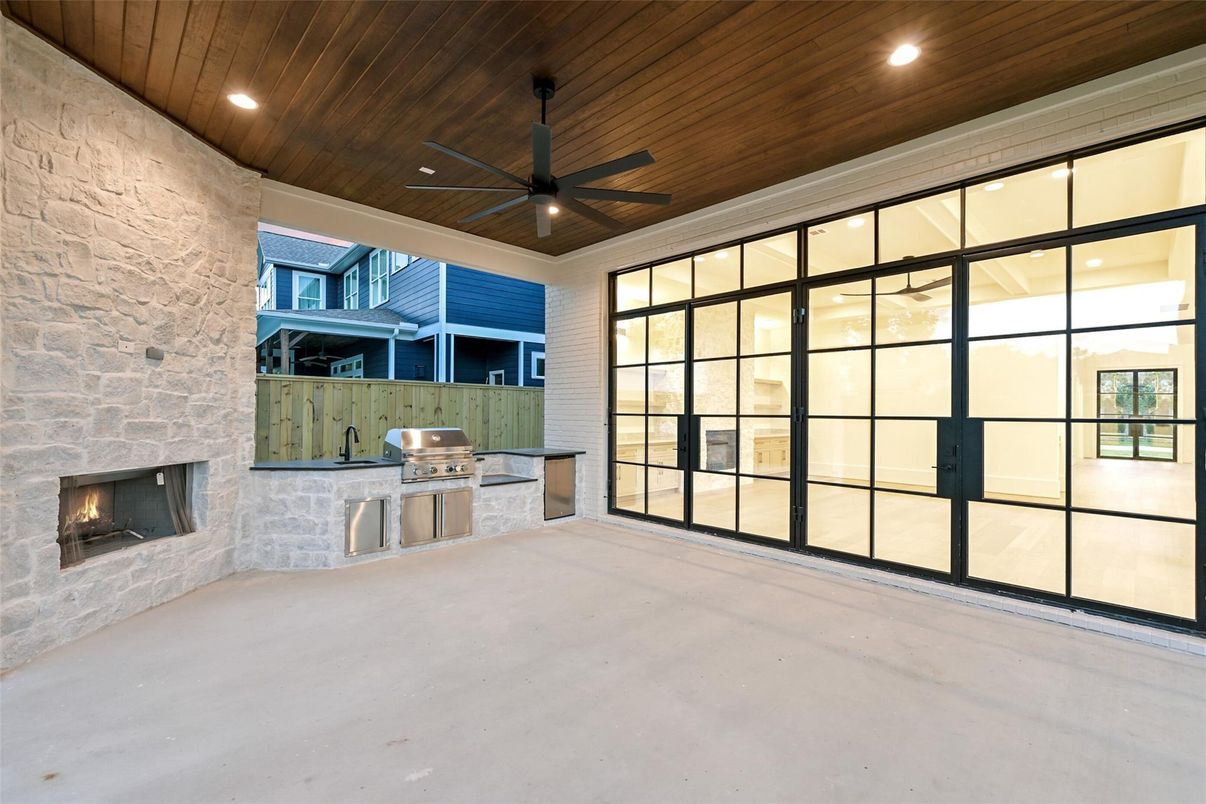 Fireplace, Interior, Recessed Lighting, Stone Walls