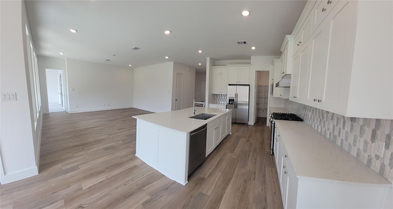 Interior, Kitchen, Recessed Lighting, Stainless Steel Appliances, Wood Texture Flooring