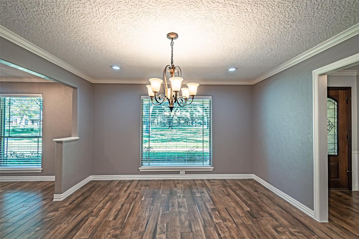 Chandelier, Empty room, Interior, Recessed Lighting, Wood Texture Flooring