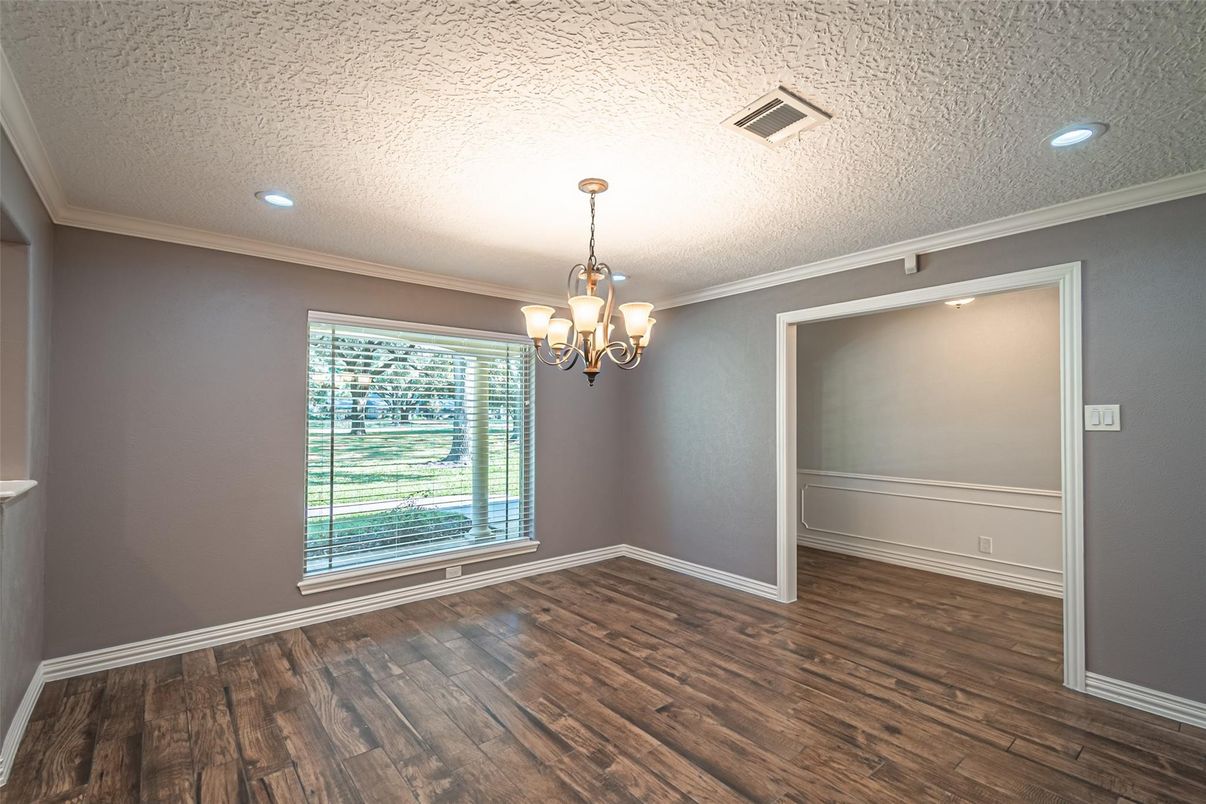 Chandelier, Empty room, Interior, Recessed Lighting, Wood Texture Flooring