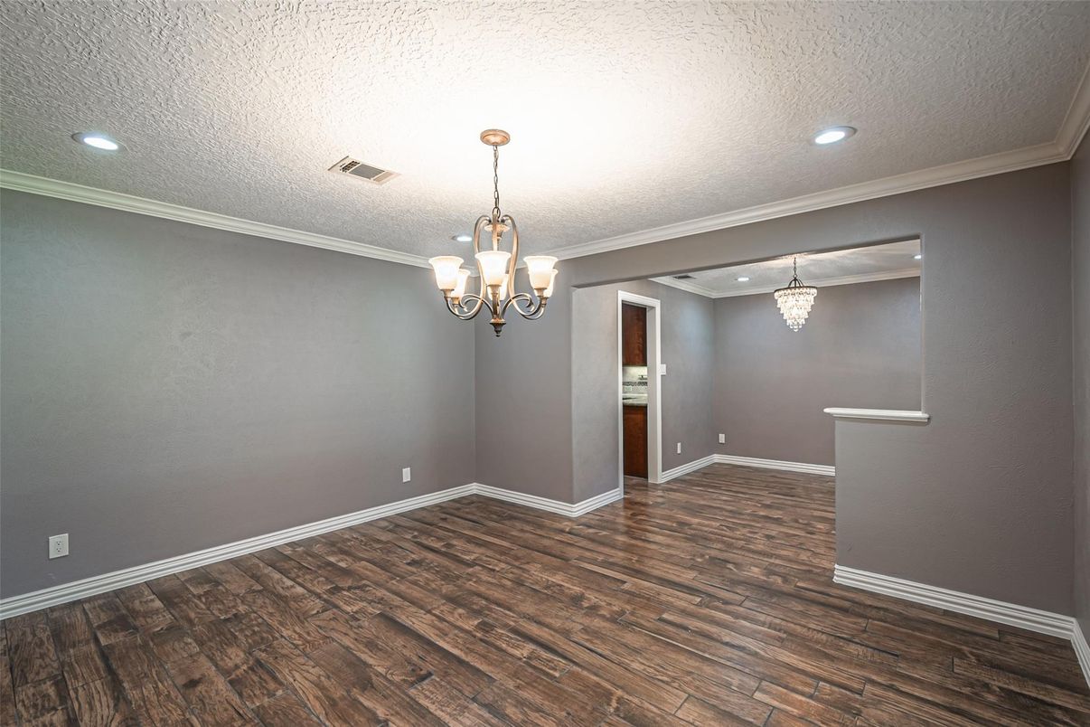 Chandelier, Empty room, Interior, Recessed Lighting, Wood Texture Flooring