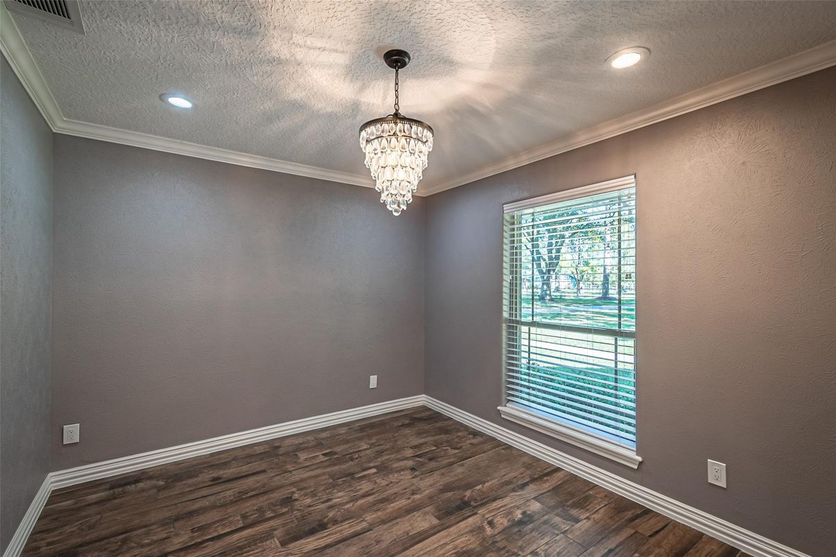 Chandelier, Empty room, Interior, Recessed Lighting, Wood Texture Flooring