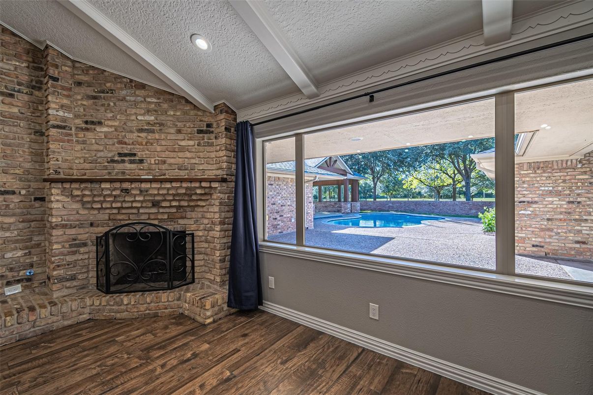 Fireplace, Interior, Recessed Lighting, Stone Walls, Wood Texture Flooring