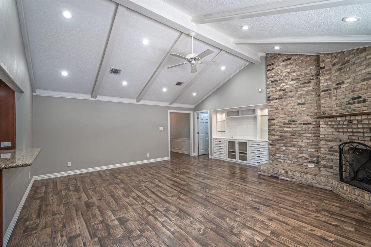 Empty room, Interior, Recessed Lighting, Stone Walls, Wood Texture Flooring