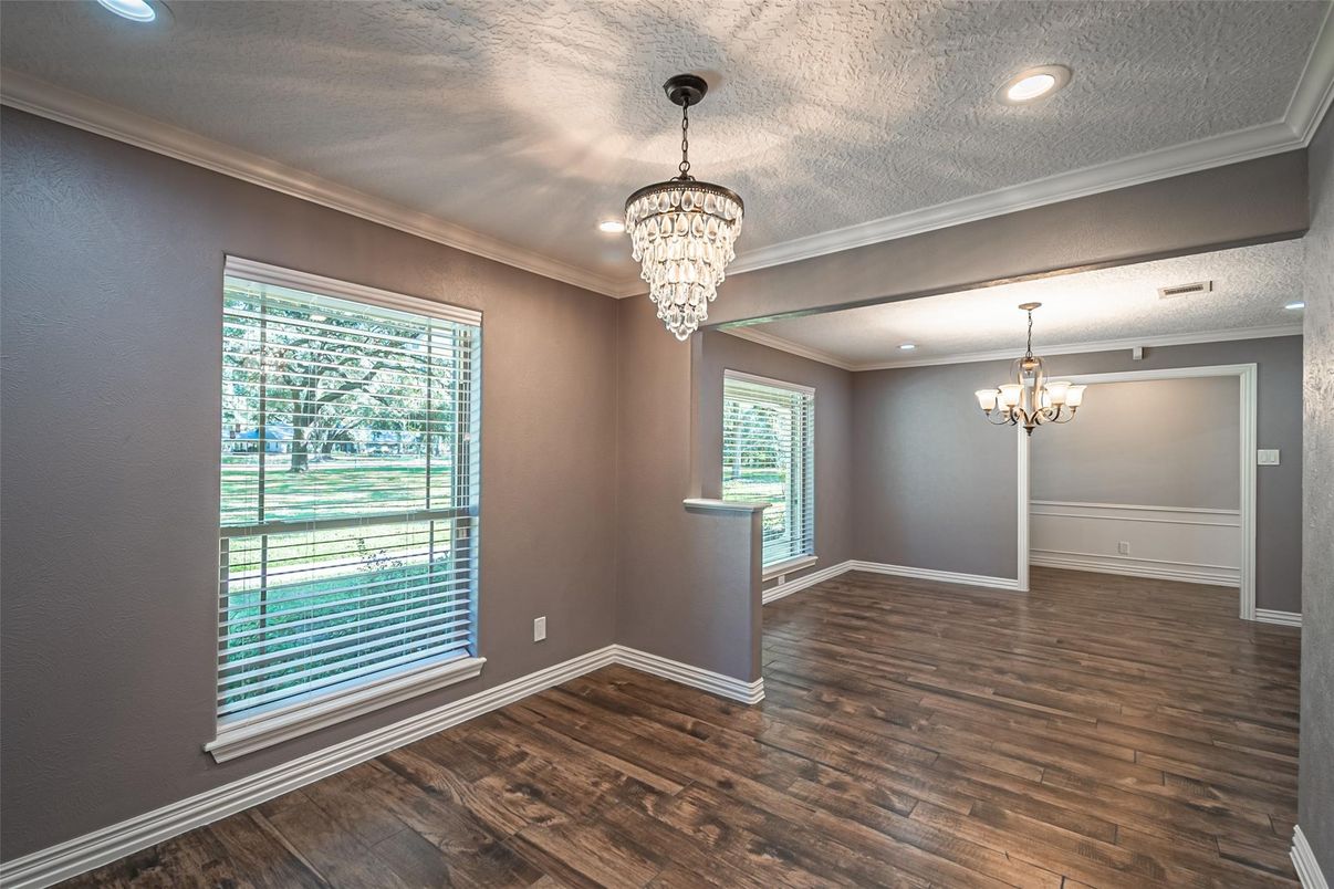 Chandelier, Empty room, Interior, Recessed Lighting, Wood Texture Flooring