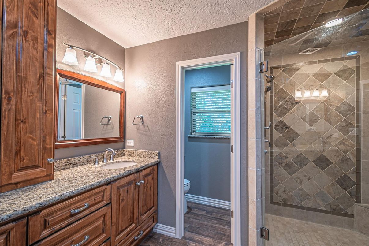 Bathroom, Glass Shower, Interior, Wood Texture Flooring