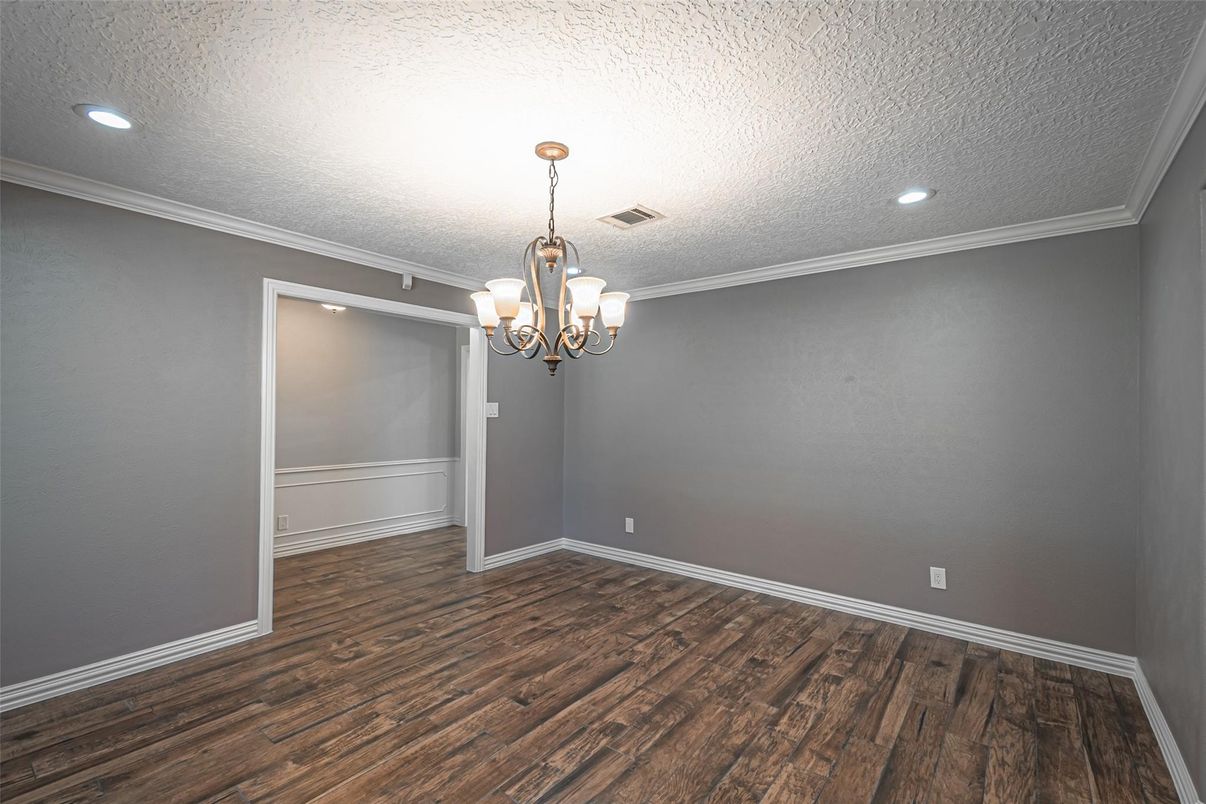 Chandelier, Empty room, Interior, Recessed Lighting, Wood Texture Flooring