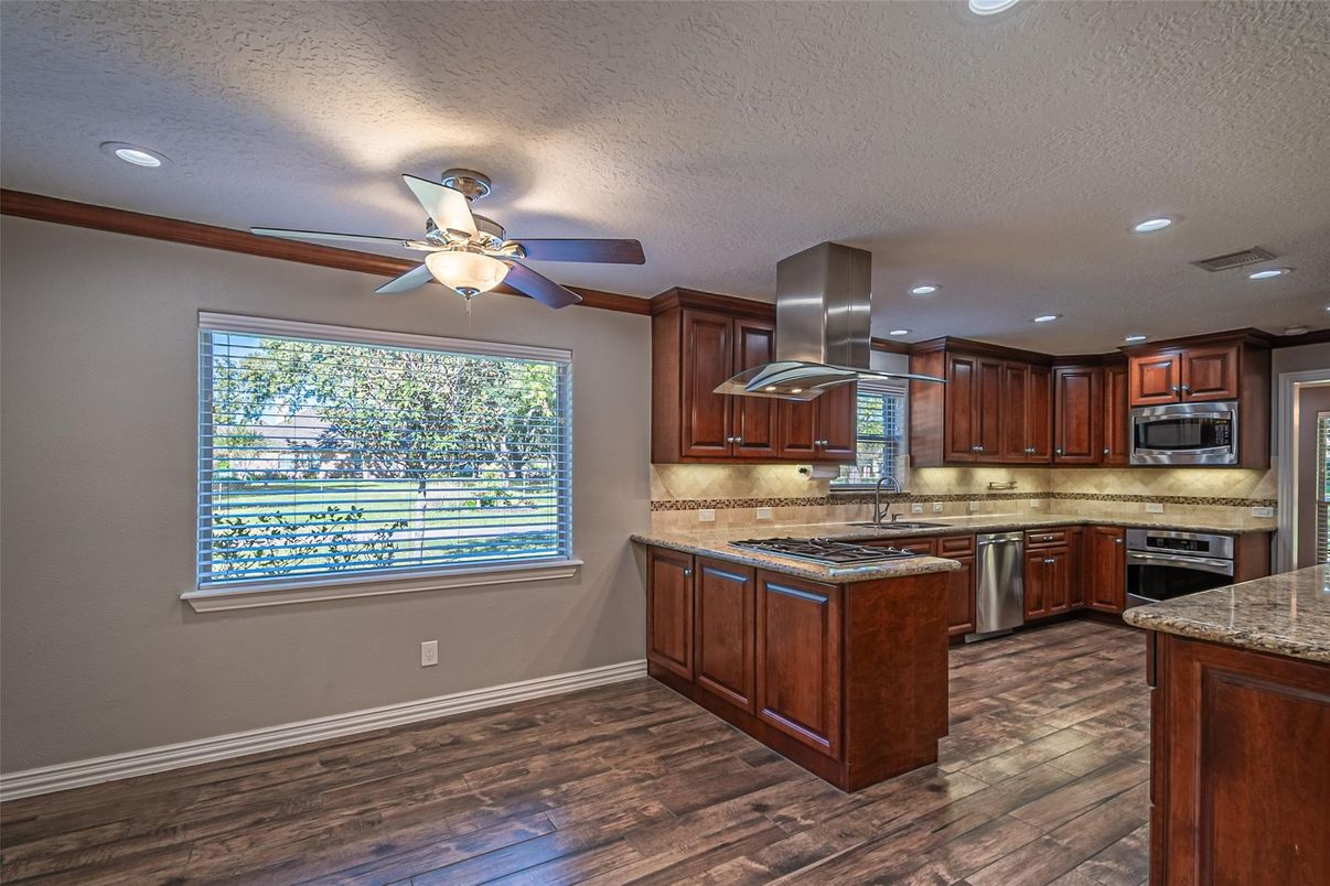 Interior, Kitchen, Recessed Lighting, Stainless Steel Appliances, Wood Texture Flooring