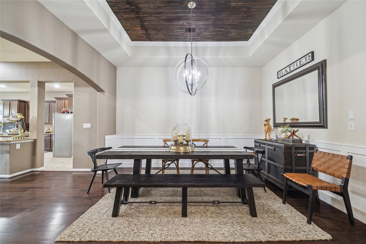 Dining room, Interior, Pendant Lights, Wooden Ceilings, Wood Texture Flooring
