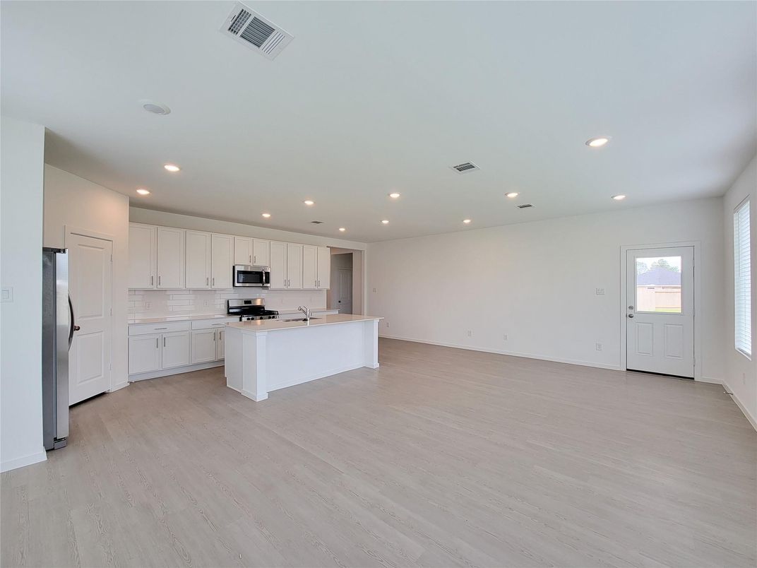 Empty room, Interior, Kitchen, Recessed Lighting, Wood Texture Flooring