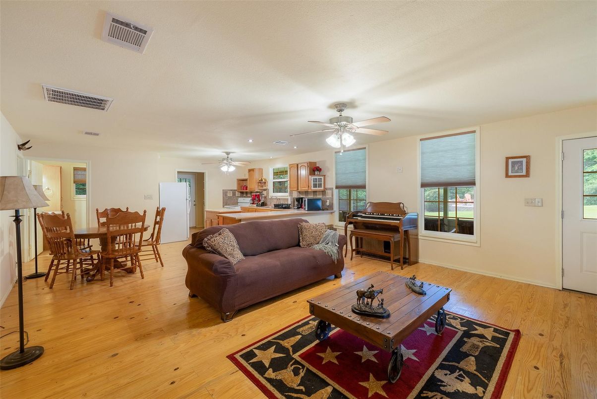 Dining room, Interior, Living room, Piano, Recessed Lighting, Wood Texture Flooring