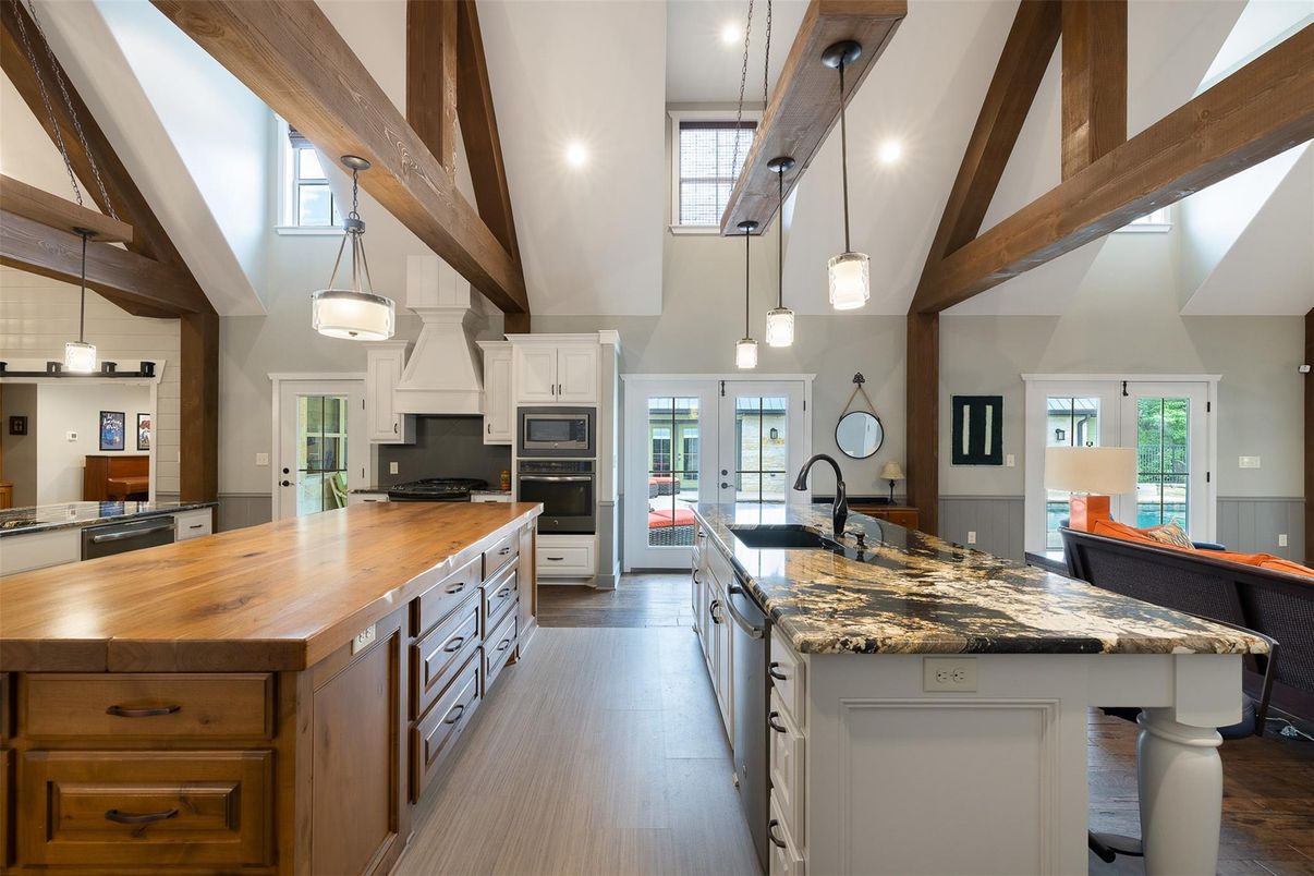 Interior, Kitchen, Pendant Lights, Recessed Lighting, Stainless Steel Appliances, Wooden Beams, Wood Texture Flooring