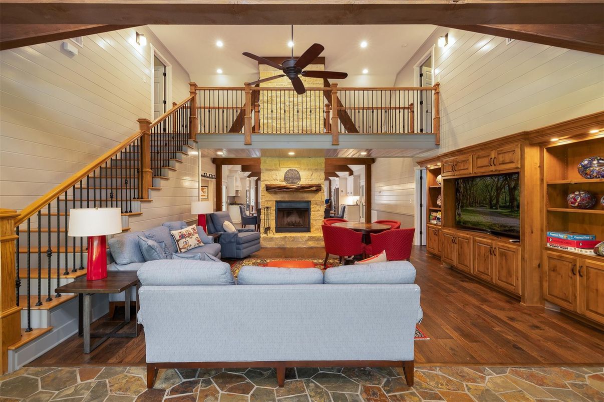 Fireplace, Interior, Living room, Recessed Lighting, Wooden Beams, Wood Texture Flooring