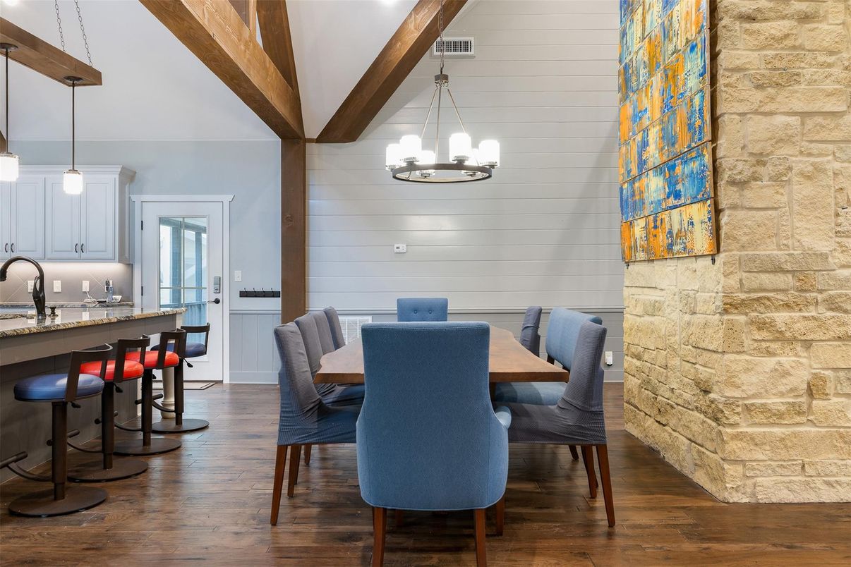 Dining room, Interior, Kitchen, Pendant Lights, Stone Walls, Wooden Beams, Wood Texture Flooring