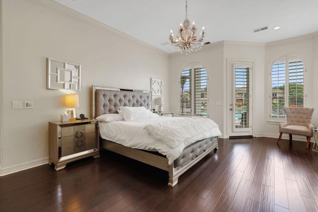 Bedroom, Chandelier, Interior, Recessed Lighting, Wood Texture Flooring