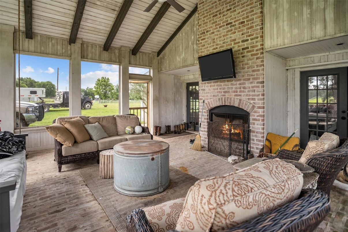 Fireplace, Interior, Living room, Stone Walls, Wooden Beams, Wood Texture Flooring
