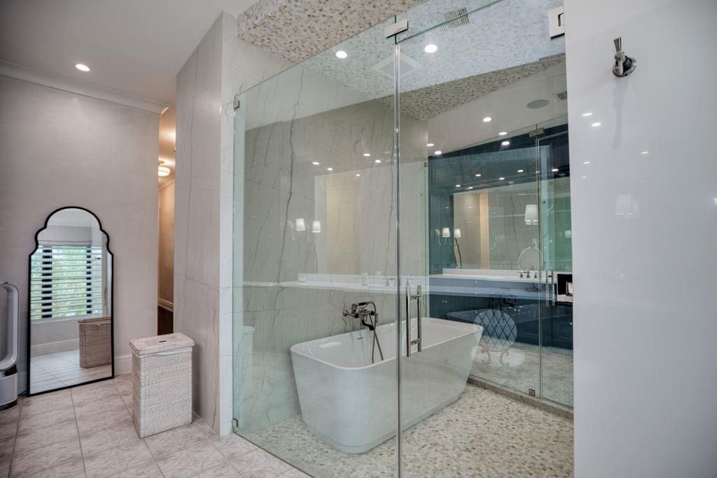 Bathroom, Free Standing Baths, Glass Shower, Interior, Marble Walls, Recessed Lighting