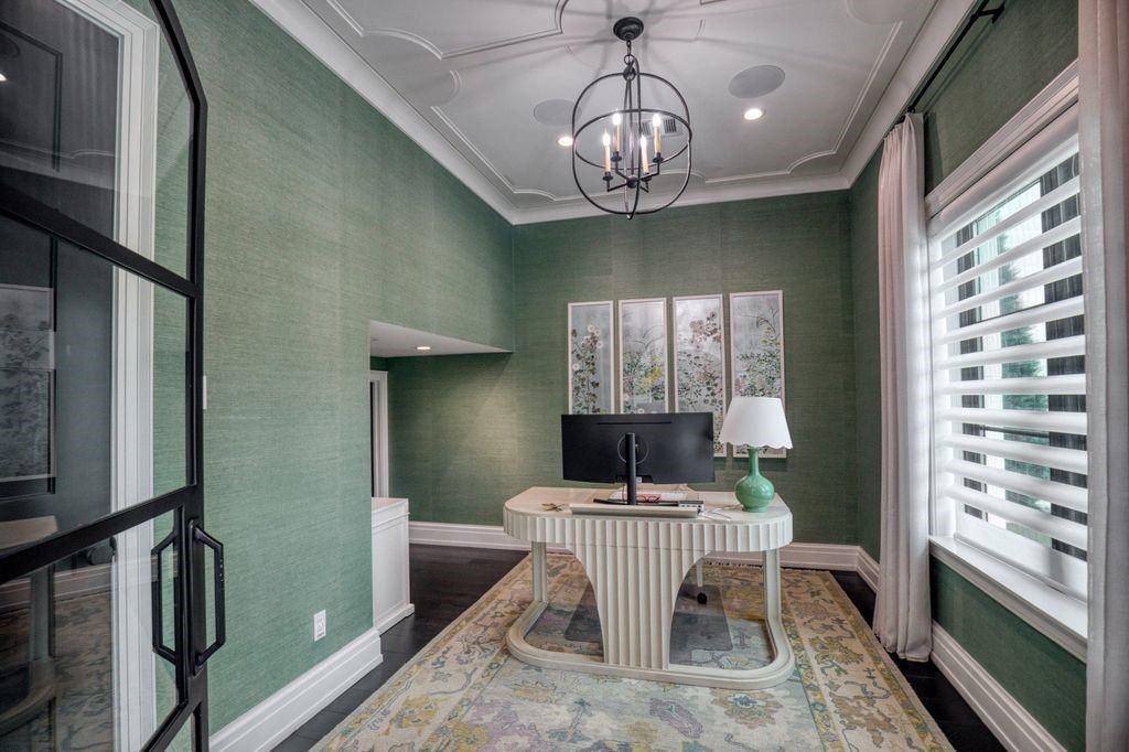 Chandelier, Home Office, Interior, Pendant Lights, Recessed Lighting, Wood Texture Flooring