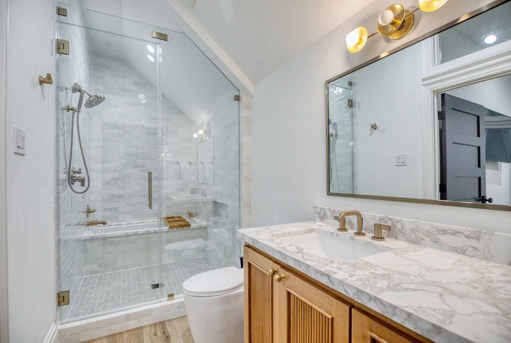 Bathroom, Glass Shower, Interior, Wood Texture Flooring
