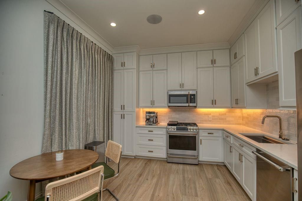 Interior, Kitchen, Recessed Lighting, Stainless Steel Appliances, Wood Texture Flooring