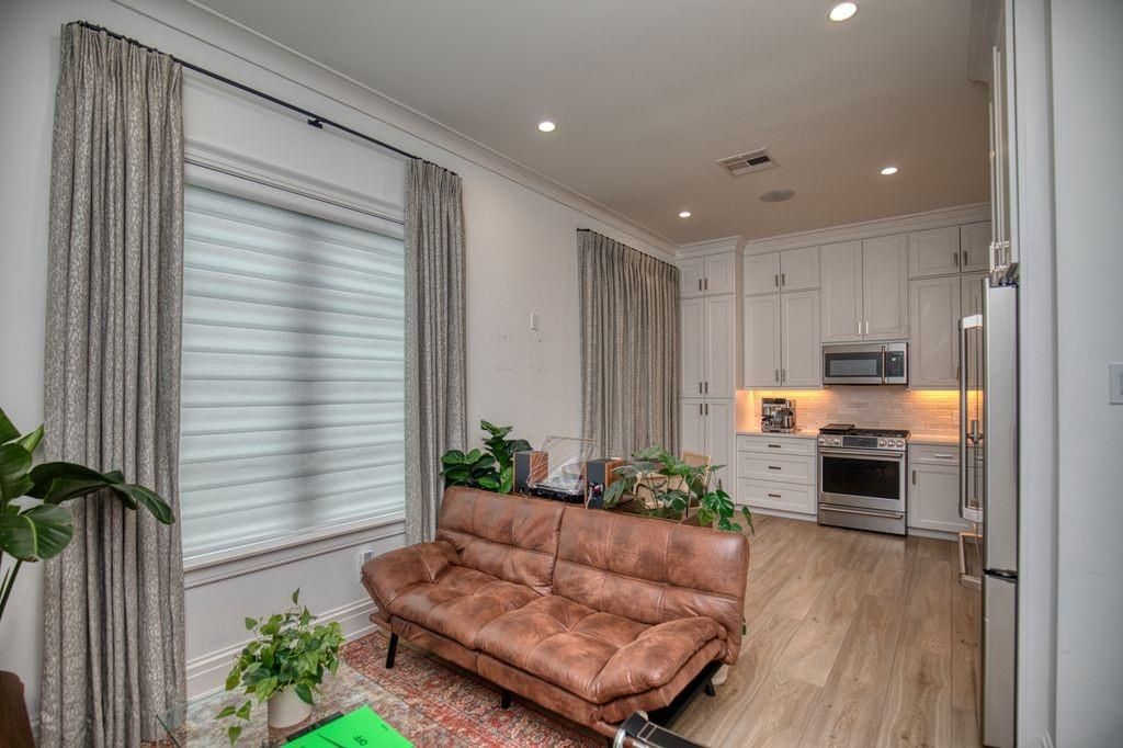 Interior, Kitchen, Recessed Lighting, Stainless Steel Appliances, Wood Texture Flooring
