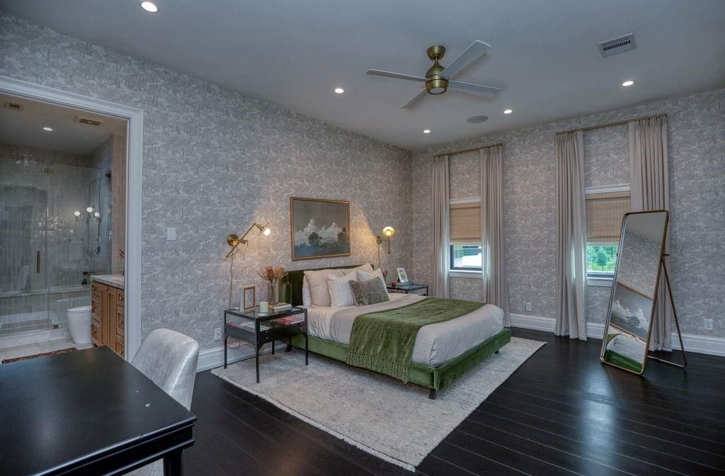 Bathroom, Bedroom, Glass Shower, Interior, Recessed Lighting, Wood Texture Flooring