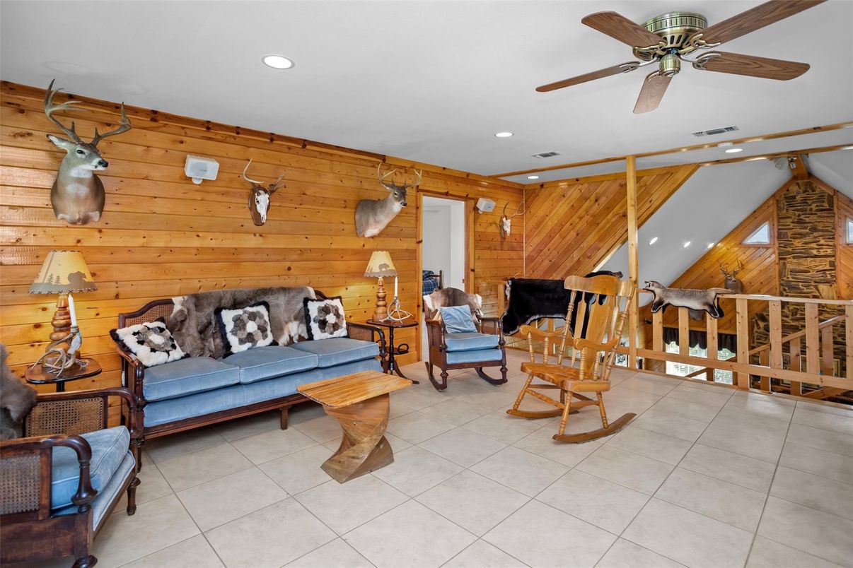 Fireplace, Interior, Living room, Recessed Lighting, Wooden Walls