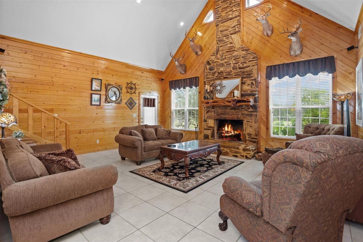 Fireplace, Interior, Living room, Recessed Lighting, Wooden Ceilings, Wooden Walls