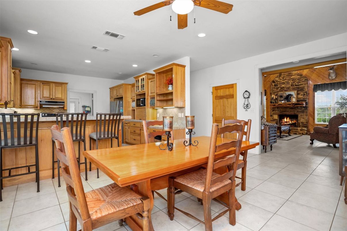Dining room, Fireplace, Interior, Kitchen, Recessed Lighting