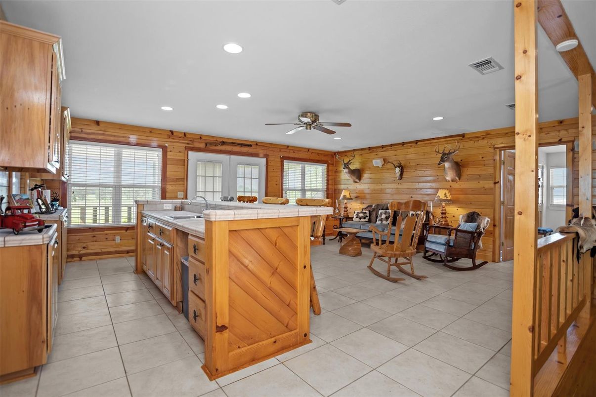 Dining room, Interior, Kitchen, Recessed Lighting, Tile Countertops, Wooden Walls