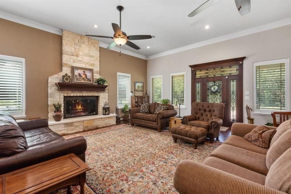 Fireplace, Interior, Living room, Recessed Lighting, Stone Walls