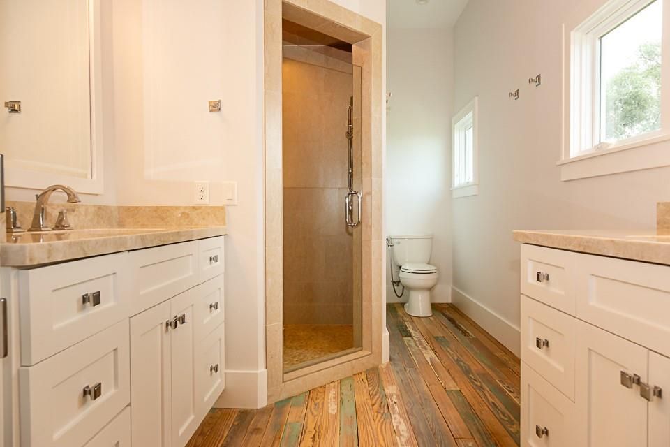 Bathroom, Glass Shower, Interior, Wood Texture Flooring