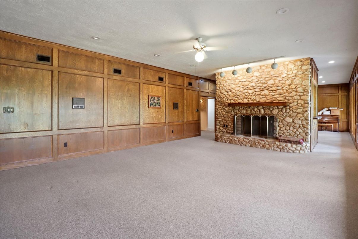 Fireplace, Interior, Recessed Lighting, Stone Walls, Wooden Walls