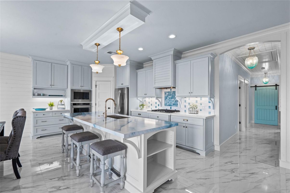 Interior, Kitchen, Marble, Pendant Lights, Recessed Lighting, Stainless Steel Appliances