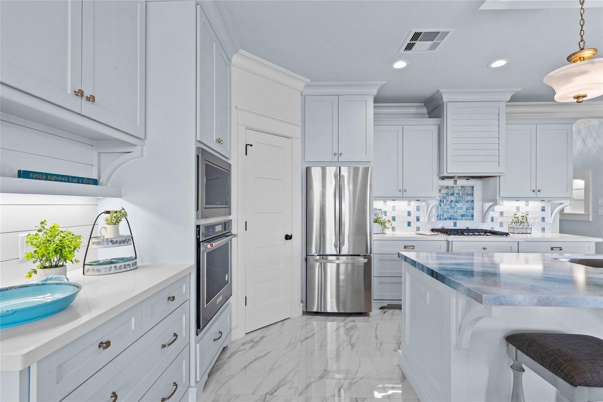 Interior, Kitchen, Marble, Pendant Lights, Recessed Lighting, Stainless Steel Appliances