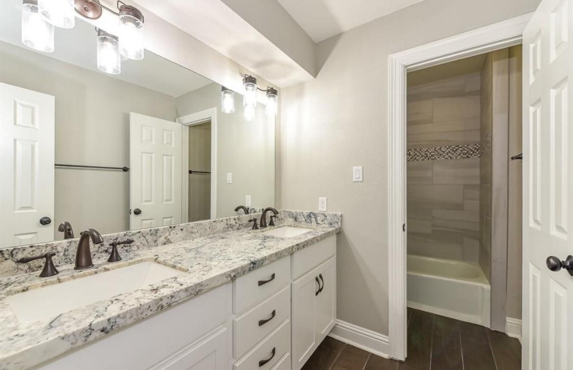 Bathroom, Dual Sink Vanities, Interior, Walk-in Closets, Wood Texture Flooring