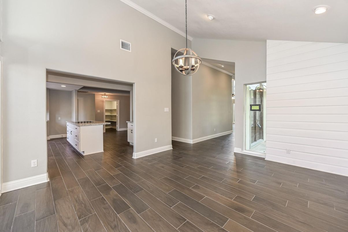 Empty room, Interior, Pendant Lights, Recessed Lighting, Wood Texture Flooring