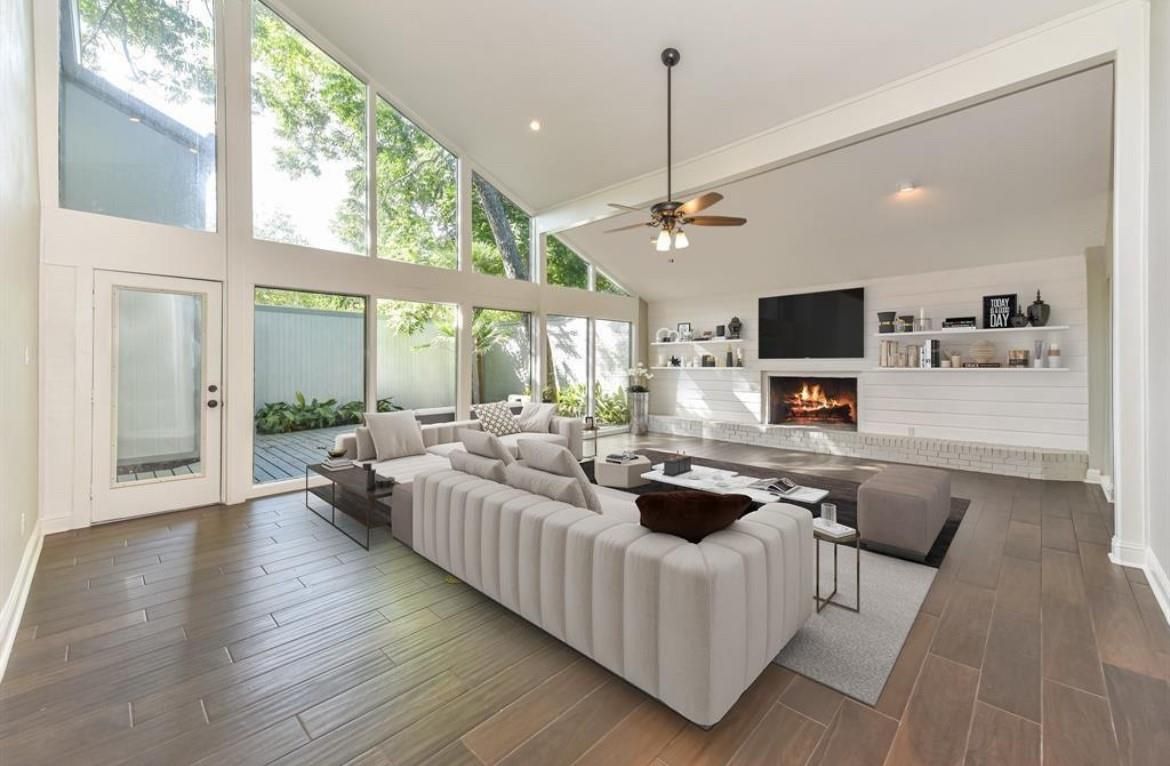 Fireplace, Interior, Living room, Recessed Lighting, Wood Texture Flooring
