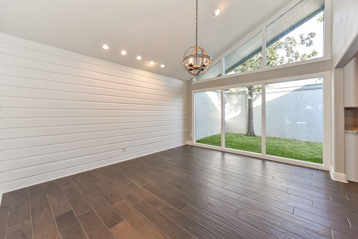 Empty room, Interior, Pendant Lights, Recessed Lighting, Wood Texture Flooring