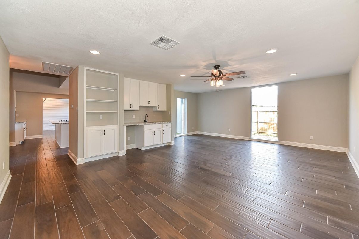 Empty room, Interior, Kitchen, Recessed Lighting, Wood Texture Flooring