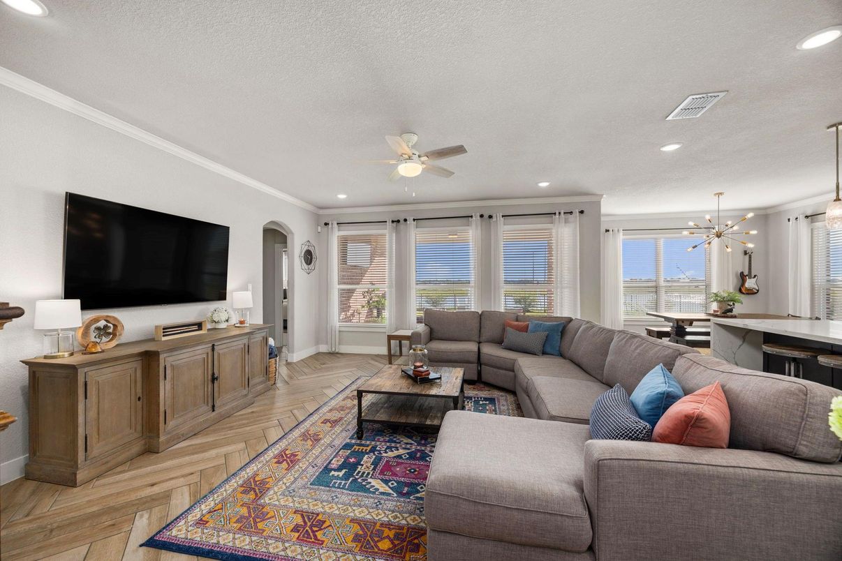 Dining room, Interior, Living room, Pendant Lights, Recessed Lighting, Water, Wood Texture Flooring