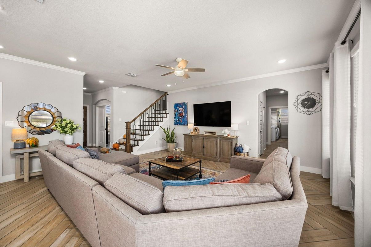 Interior, Living room, Recessed Lighting, Wood Texture Flooring
