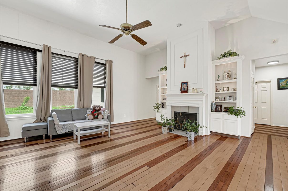 Fireplace, Interior, Recessed Lighting, Wood Texture Flooring