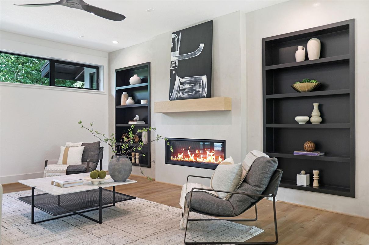 Fireplace, Interior, Living room, Recessed Lighting, Wood Texture Flooring
